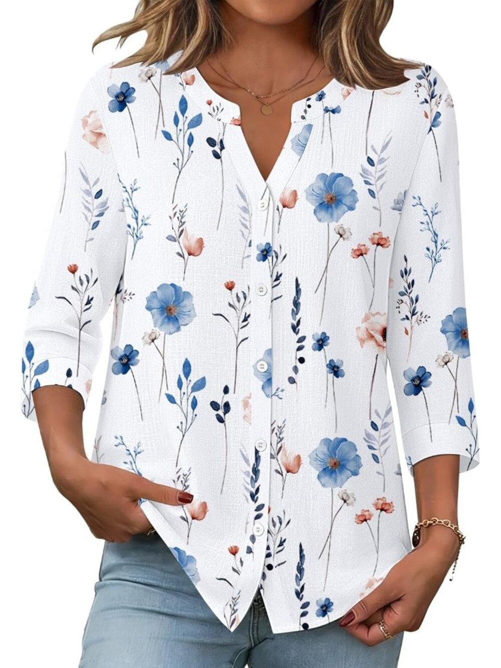 Women's White Button Down Sleeve Linen Cotton V Neck Casual Loose Work Blouses
